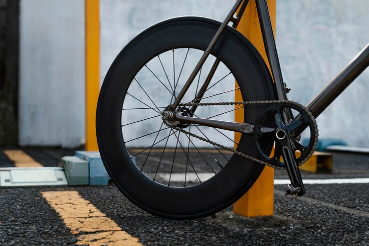 Une roue noire de vélo sur une route