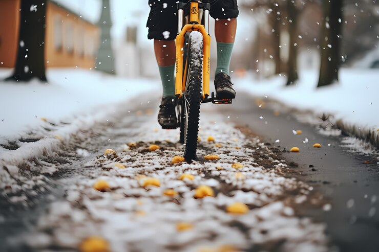 Une personne en chaussettes qui roule en vélo sous la neige