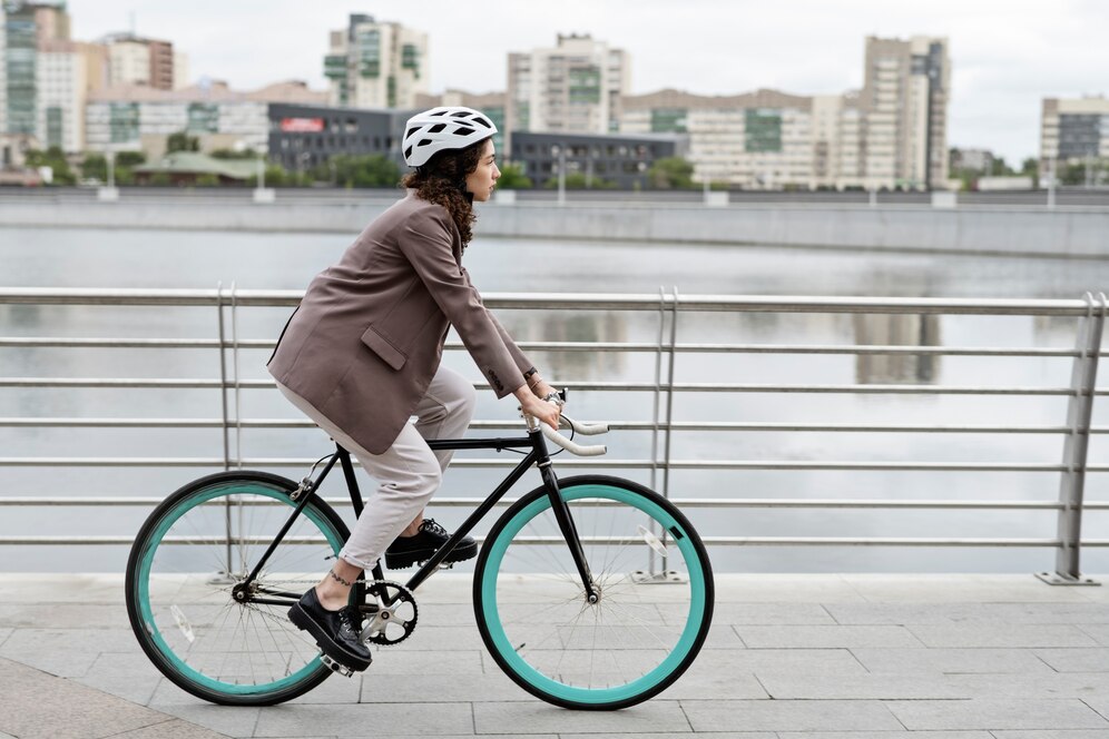Une femme en vélo au bord de l'eau